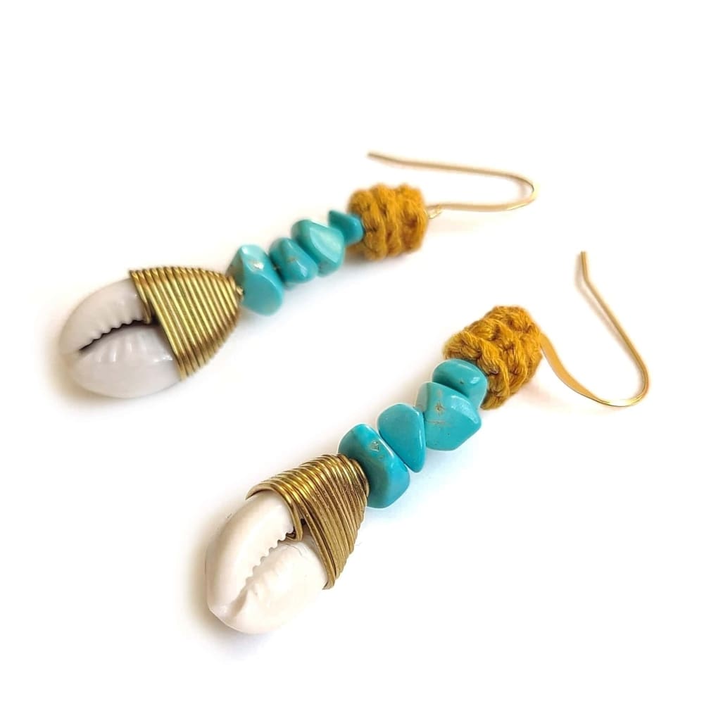 Wagnerite Turquoise Cowrie Shell Earrings