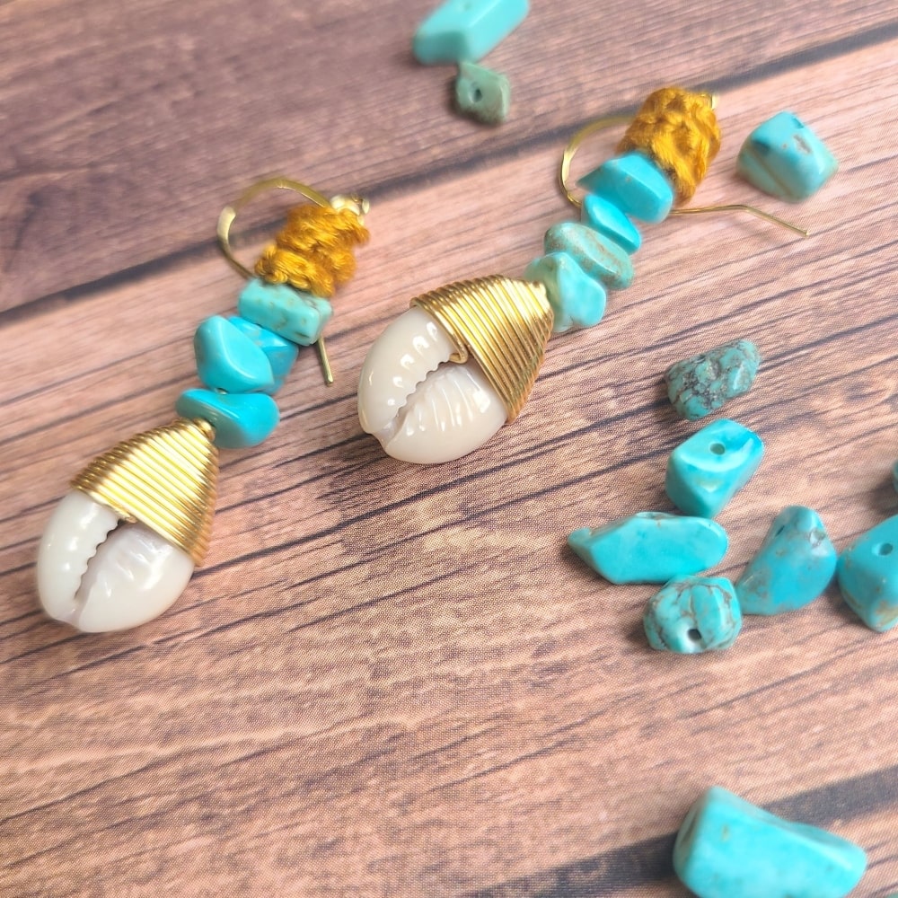 Wagnerite Turquoise Cowrie Shell Earrings